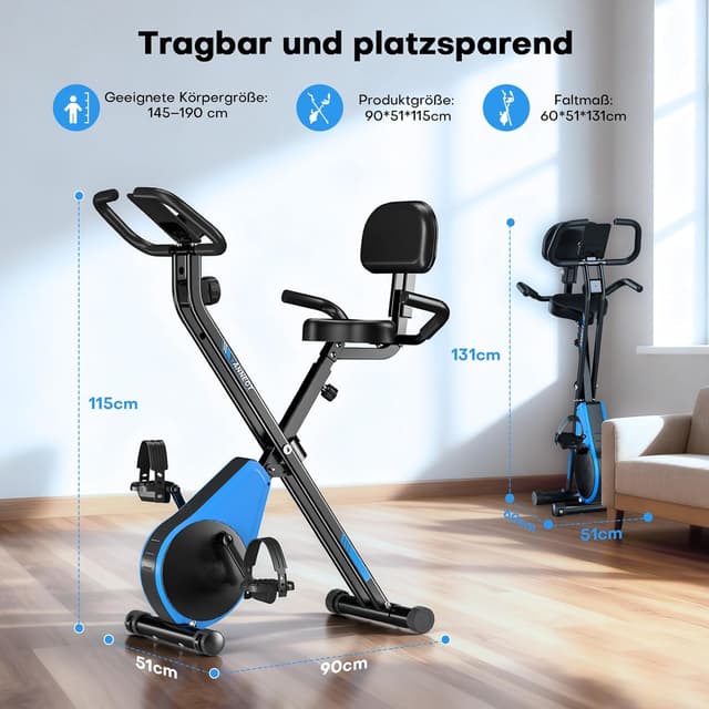 Detalle de VANNECT Heimtrainer Fahrrad klappbar mit 16 Stufen Magnetwiderstand, Pulssensor & Transportrollen (Fitnessbike für Zuhause/Büro)