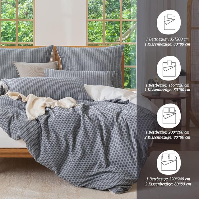Detalle de SOULFUL Bettwäsche-Set 155x220 aus Baumwolle, gestreift (Jacquard), Graublau