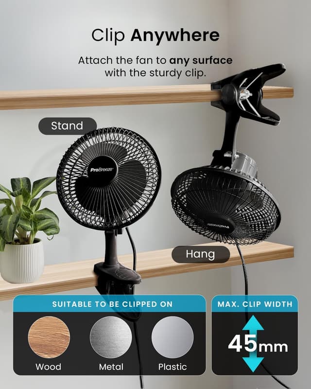 Detalle de Pro Breeze 6 Inch Clip on Fan with 2 Speeds (Mains Powered) – Quiet, 360° Rotation & Adjustable Head