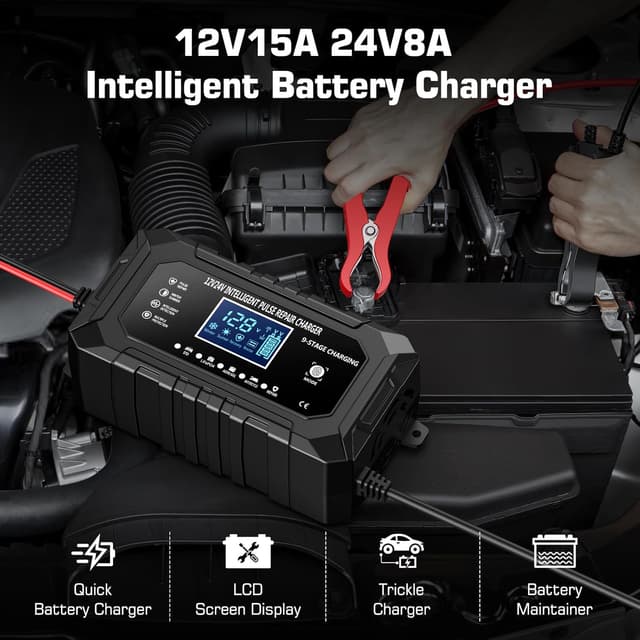 Detalle 2 de Husgw 12V 15A / 24V 8A caricabatterie per auto, moto e camion LiFePO4 con 9 livelli