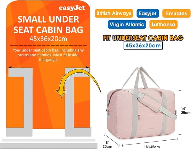 Detalle 2 de Narwey Easyjet cabin bag underseat foldable travel duffel holdall tote 30L (Pink) 45x36x20cm