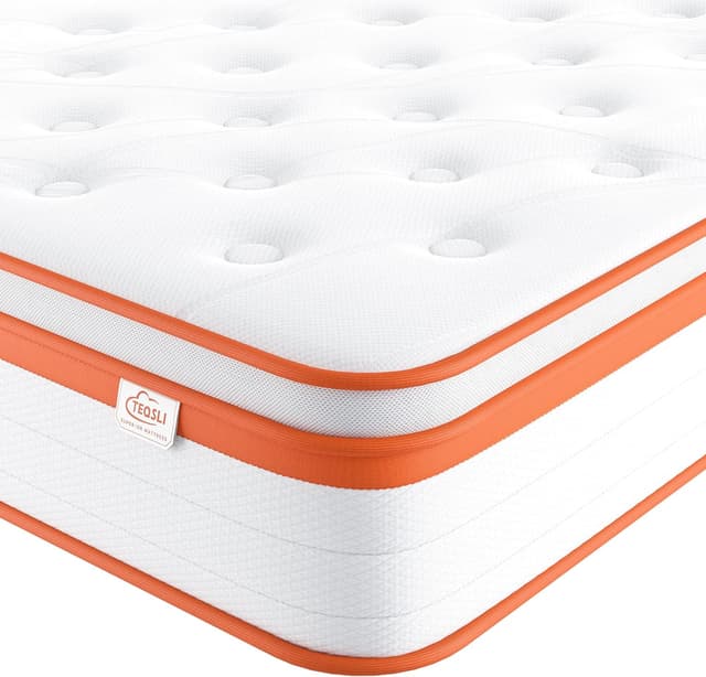 Detalle de TeQsli 4FT Small Double Hybrid Mattress (10 Inch) Gel Memory Foam + Pocket Springs, Medium Firm, 120x190x25 cm