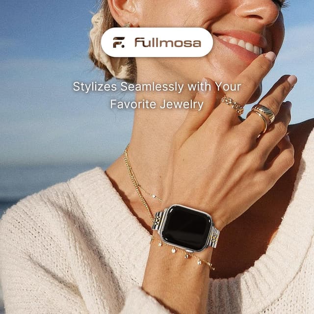 Detalle 2 de Fullmosa Slim Metal Straps for Apple Watch (46mm–49mm), 7‑link stainless steel bands for women, Silver & Gold