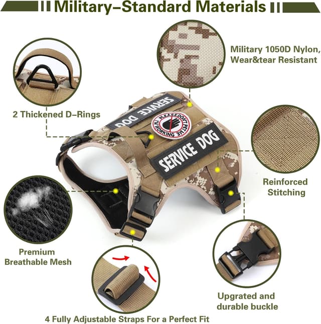 Detalle de Belababy Tactical Anti Pull Dog Harness (Yellow Camo) – Adjustable Front Clip, Breathable Service Vest with Handle – XL