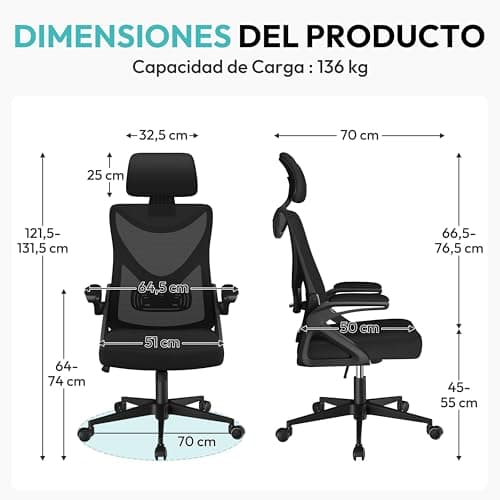 Detalle 2 de Yaheetech silla de oficina ergonómica con soporte lumbar ajustable, reposacabezas y base giratoria de 70 cm (negro)
