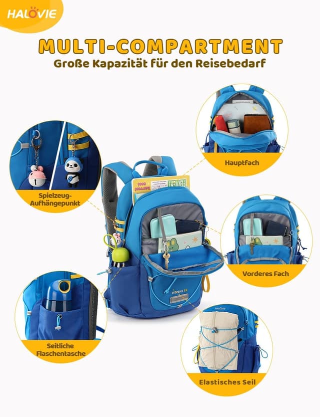 Detalle de HALOVIE Kinderrucksack 15L mit Brustgurt für 6–10 Jahre – Wanderrucksack mit reflektierenden Akzenten