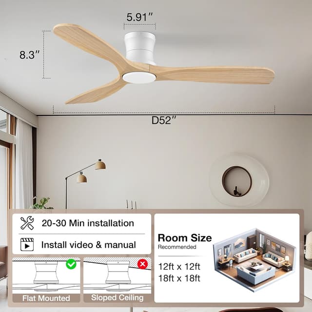 Thumbnail 6 de Hoenofly Smart 52” Wood Flush Mount Ceiling Fan