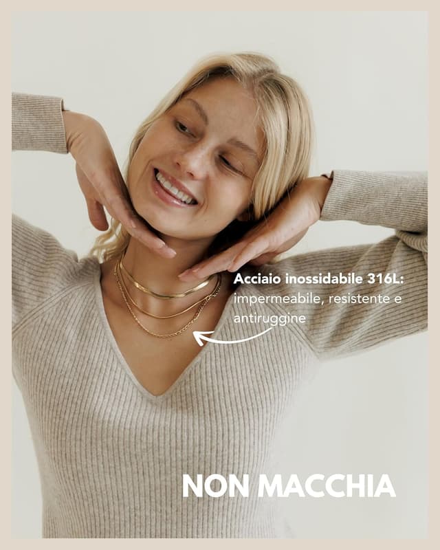 Detalle de Set di 3 collane in acciaio inox per donna con placcatura oro 18K, oro rosa o argento (snake 2mm/4mm + figaro 4mm)