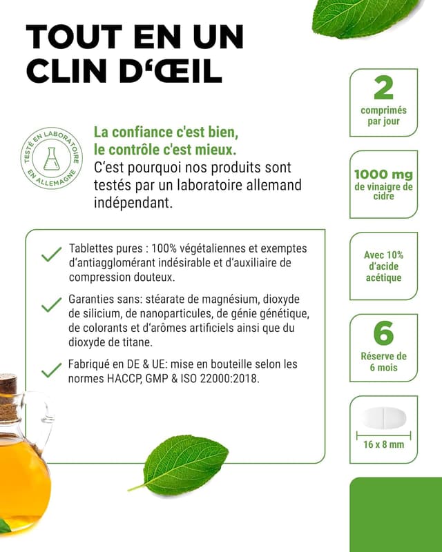 Detalle 2 de Vinaigre de cidre en comprimés – 365 comprimés Forte Dose (1000 mg par portion journalière) avec 10% d’acide acétique