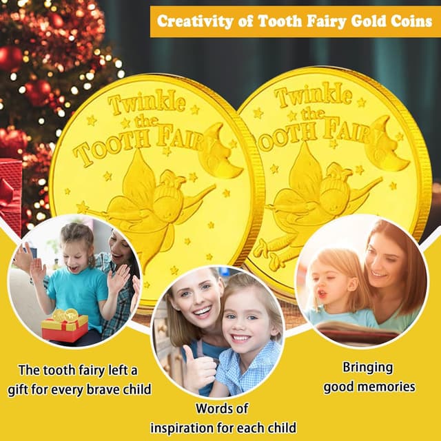 Detalle 2 de VEEKAY Zahnfee Münzen (20 Stück) – Goldtaler mit verschiedenen Motiven als Geschenk für Kinder