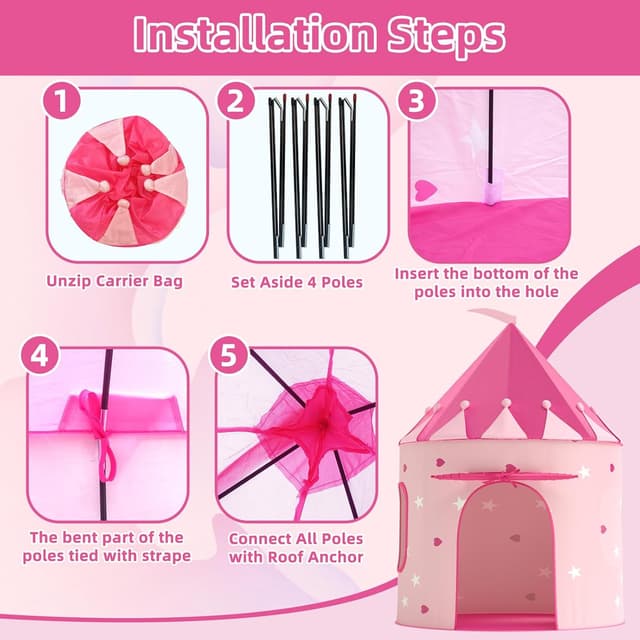 Detalle de KORIMEFA Kids Play Tent (Princess Wendy House) for ages 1–8, pink pop-up indoor/outdoor playhouse, 105x105x135cm