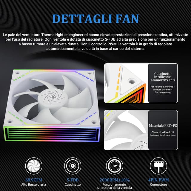 Detalle de TR Frozen Infinity 360 White – AIO raffreddamento CPU con ventole triple PWM fino a 2000 rpm, compatibile AM4/AM5 e Intel LGA