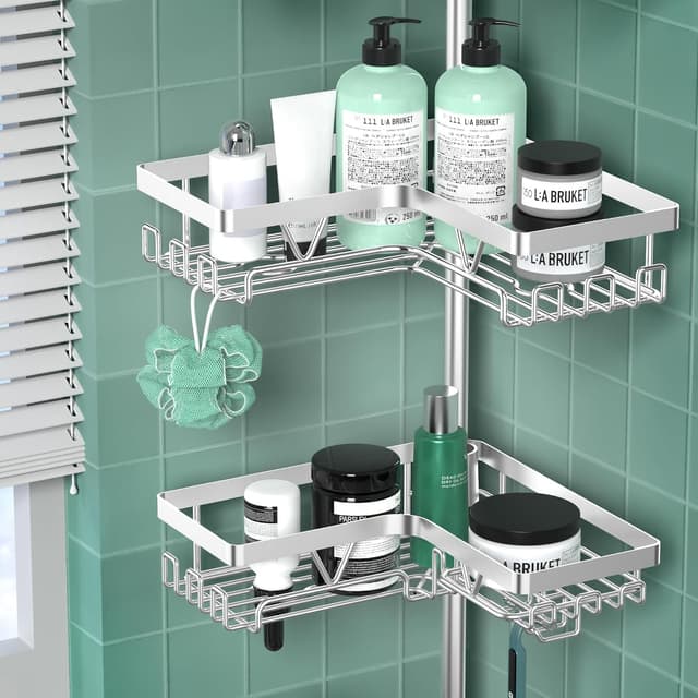 Detalle de Cooeco Corner Shower Caddy with 4 Baskets (height adjustable telescopic pole, no-drill, rustproof)
