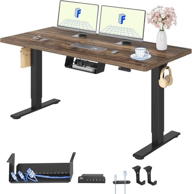 Detalle de FLEXISPOT höhenverstellbarer Schreibtisch 160x80 cm mit 2 Motoren & 25 mm Tischplatte – Walnussbraun/Schwarz