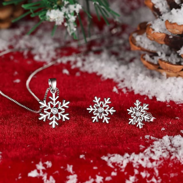 Detalle de Cangall Silber Weihnachten Schmuckset Damen (925 Sterling Silber): Schneeflocke Kette & Ohrstecker-Set