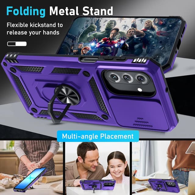Detalle 2 de Janmitta Compatible with Samsung Galaxy A17 5G Purple Case with Slide Camera Lens Cover, Kickstand, and Tempered Glass Screen Protector