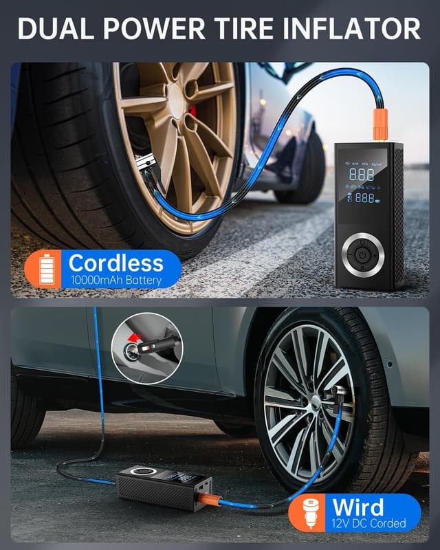 Detalle 2 de Portable Tire Inflator Air Compressor (150 PSI) with Digital Gauge, LED Light, 12V Car Adapter & Storage Box