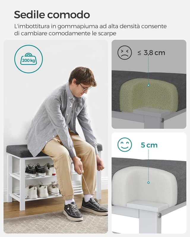 Detalle de Songmics Shoe Bench LBS057W01: panca scarpiera a 3 ripiani con seduta imbottita per ingresso e camera