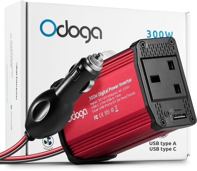 Detalle de Odoga 300W Car Power Inverter (12V to 240V) with USB-A & USB-C 3A Charging Ports