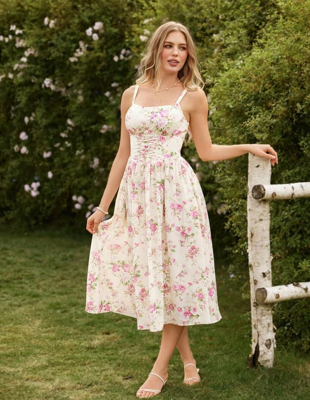 Detalle 2 de SCARLET DARKNESS Robe d’été femme à motif floral, bretelles spaghetti et style corset