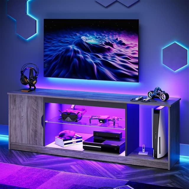 Detalle de Bestier Mobile TV basso per TV fino a 65 pollici con LED RGB e ripiani in vetro regolabili