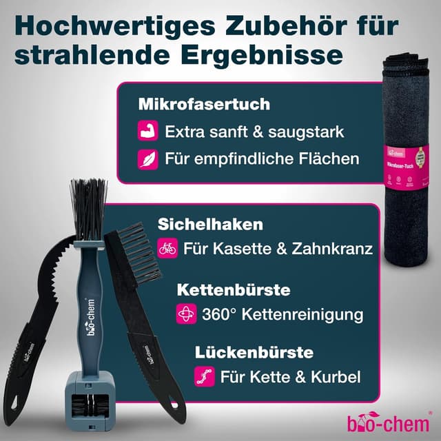 Detalle de bio-chem CLEANTEC Bio-chem Pflegeset für Fahrrad & Mountainbike – Profi-Reinigungs-Set mit 7 Teilen (750 ml Reiniger, 750 ml Kettenentfetter, 100 ml Schmieröl)
