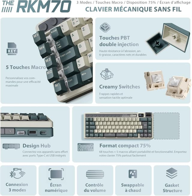 Detalle 2 de RK Royal Kludge M70 – Clavier mécanique 75% sans fil triple connexion (AZERTY) avec macros, écran et hot-swap