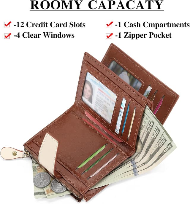 Detalle 2 de SENDEFN women’s RFID blocking genuine leather small compact bi-fold wallet with ID window