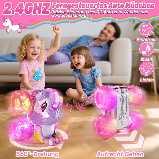 Detalle de Ferngesteuertes Einhorn-Monstertruck Auto für Mädchen (ab 3 Jahren), 1/20 mit 360°-Drehung, Musik & Licht, 2,4 GHz