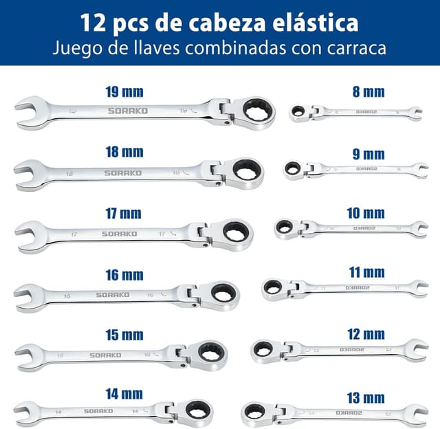 Detalle 2 de Sorako llaves carraca 8–19 mm 12 piezas