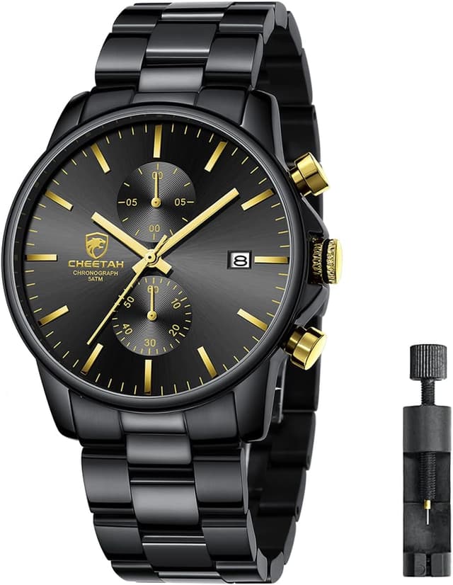 Detalle de Affute Orologio da uomo in acciaio inox e metallo casual, cronografo al quarzo impermeabile 3 ATM con datario