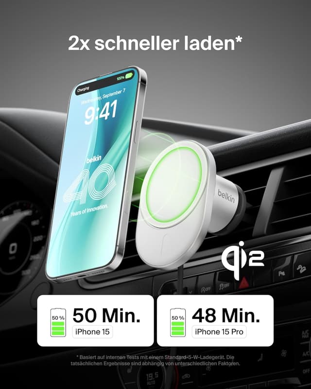 Detalle 2 de Belkin BoostCharge Pro magnetisches Qi2-Kfz-Ladegerät (15 W) mit MagSafe-Kompatibilität für iPhone