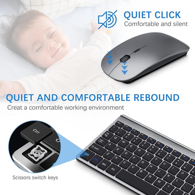 Detalle de MOOJAY 2.4G Wireless Keyboard and Mouse Combo (Ultra Slim) with Mouse Mat, Quiet Scissor Keys — Gray Black