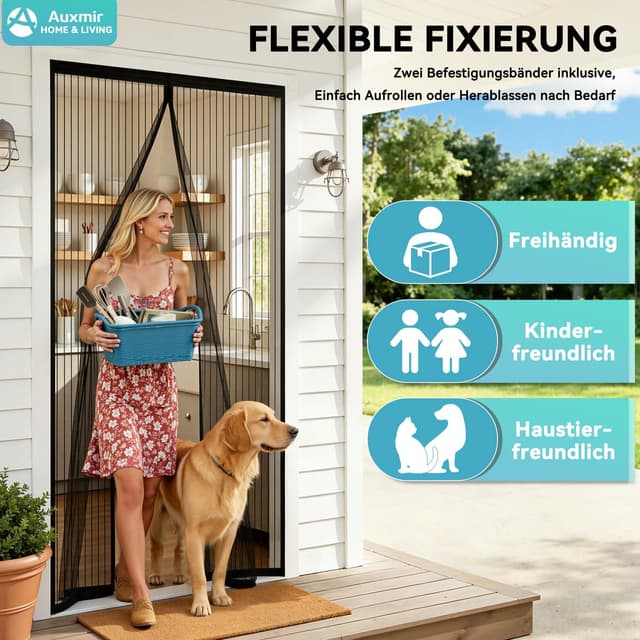 Detalle de Auxmir Fliegengitter Balkontür Magnet (90 x 190 cm) – Insektenschutz ohne Bohren, extra starke Magnete, Schwarz