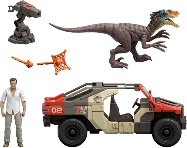 Detalle 2 de Mattel Jurassic World JGB59 Vehículo persecución con figura y raptor