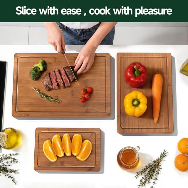 Thumbnail 6 de Zeawec 3-Piece Bamboo Cutting Board Set with Deep Juice Grooves (Carbonized)