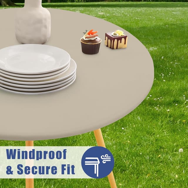 Detalle de Moosfor Round Spandex Tablecloth (Taupe) — Elastic Fitted Waterproof Cover for 45"–56" Tables