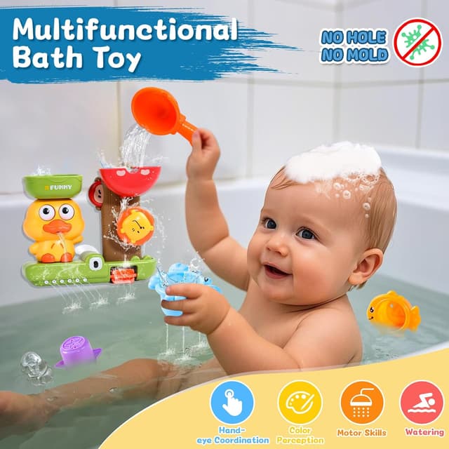 Detalle 2 de Bath Toys for 1 Year Old Toddler: duck waterflow toy with 3 stackable animal cups and suction cups