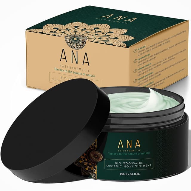 Detalle de ANA Naturkosmetik BIO Moossalbe mit Aloe Vera, Hyaluronsäure & Q10 (5% Isländisch Moos) – Anti-Aging Pflege für Gesicht, Tages- und Nachtcreme, 100 ml