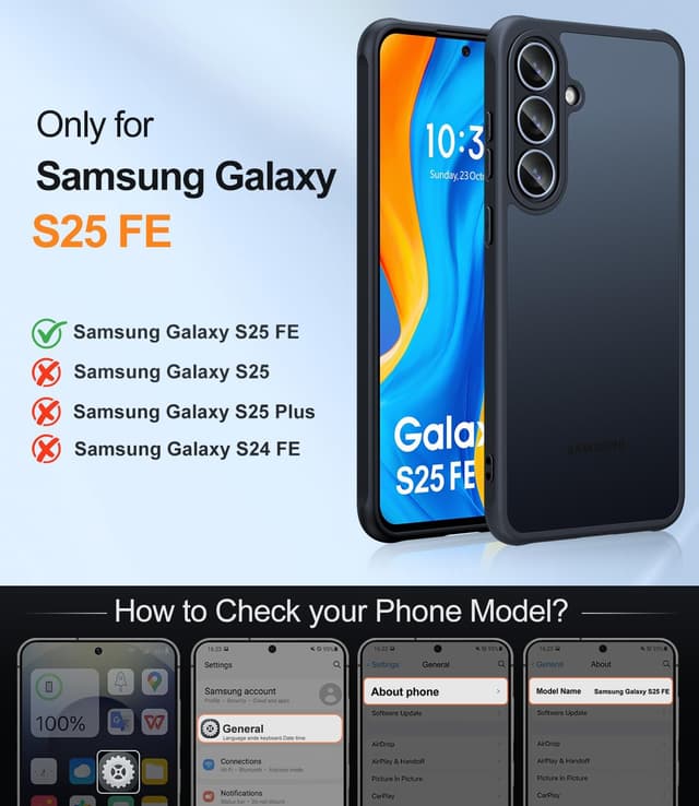 Detalle de JAME for Samsung S25 FE Case (2-Pack) with Screen Protector – Military-Grade Shockproof Cover, Black