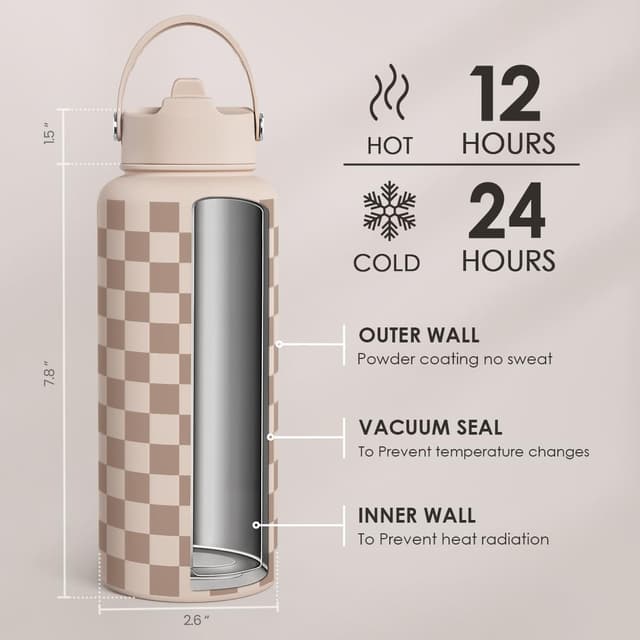 Detalle de Checkerboard Water Bottle 32oz Stainless Steel with Lid & Straw (Beige Checker) — Insulated Sports Bottle