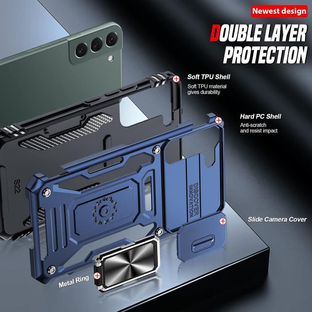 Detalle de LeYi Samsung Galaxy S22 5G Case with sliding camera cover and 360° ring stand (N-Blue)