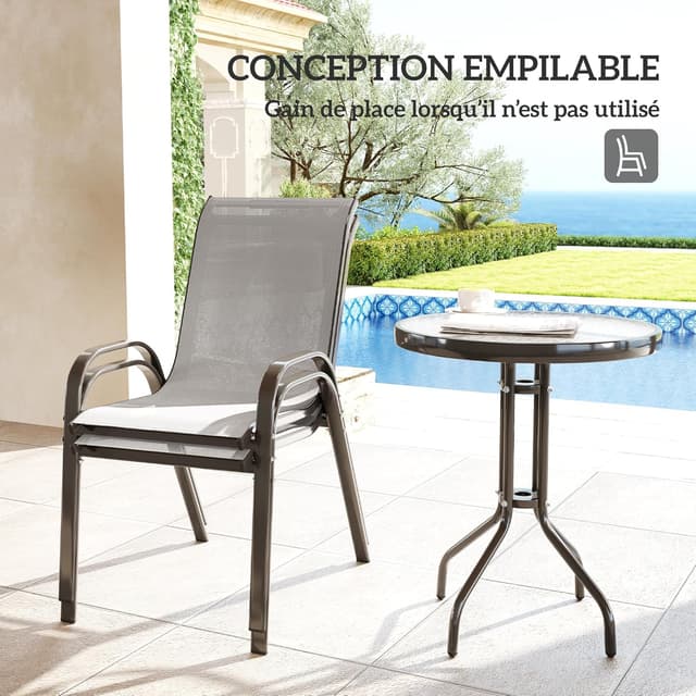 Detalle de Ensemble Outsunny 3 pièces pour salon extérieur : 2 fauteuils empilables + table basse en verre trempé (gris clair)