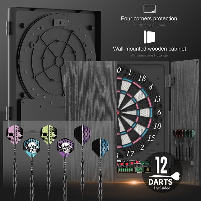 Detalle de CyeeLife Elektronische Dartscheibe mit Holzschrank, LED-Display, 34 Spielen & 355 Varianten (Deutsche Stimme)
