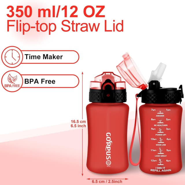 Detalle de GOPPUS 350ml Kids Water Bottle with Straw, Tritan, Strap & Flip-Top Lid (Pure Red)