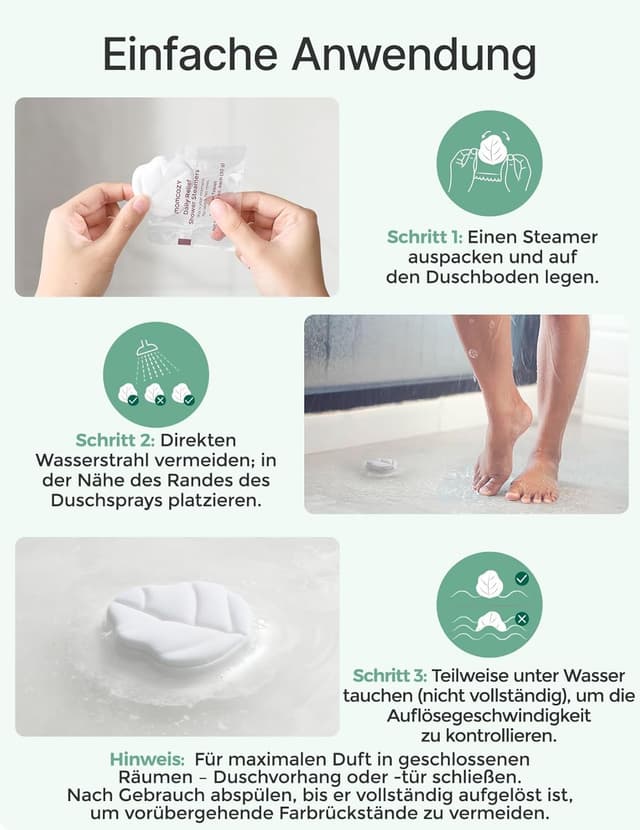 Detalle 2 de momcozy Duschbombe 14er-Set im Eukalyptusblatt-Design – Shower Steamer mit Pfefferminze- und Eukalyptus-Öl