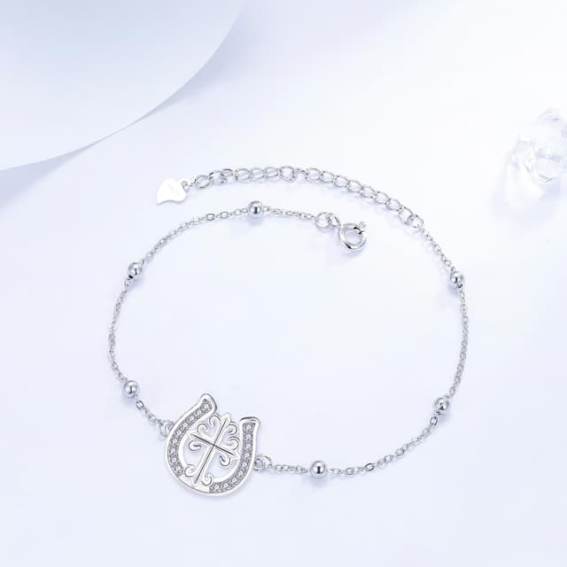 Detalle 2 de J.MUEN Damen-Armband aus 925 Sterling Silber mit Tier-Motiv (Hufeisen & Kreuz) – mit Geschenkbox