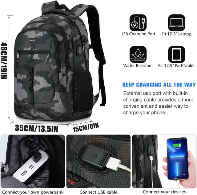 Thumbnail 6 de YAMTION sac à dos scolaire 17,3" imperméable avec compartiment ordinateur et port USB