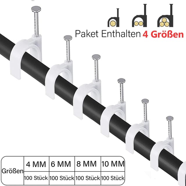 Detalle 2 de Dekukar 400 Stück Kabelnagelclips in Weiß – 4 Größen (4/6/8/10 mm) für Rundnägel, saubere Kabelmontage