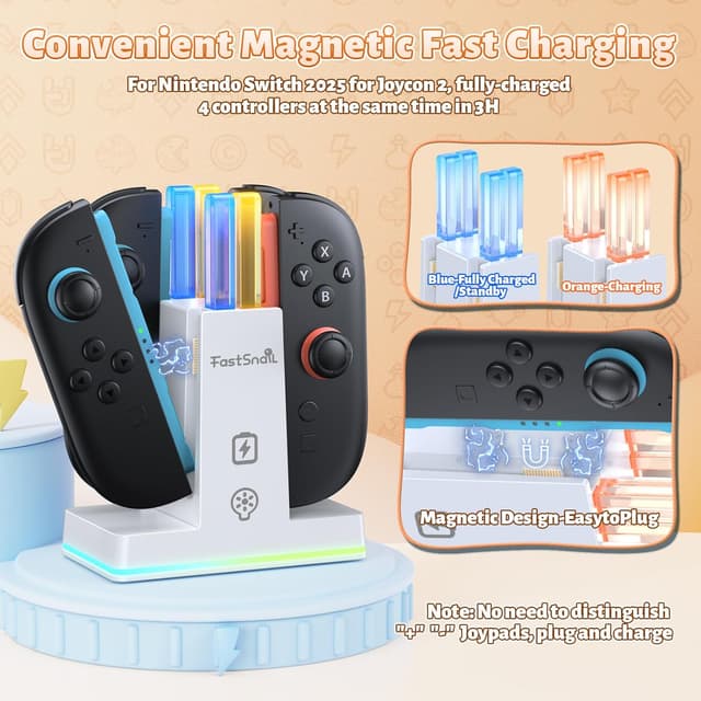 Detalle de FASTSNAIL RGB Ladestation für Joy Con 2 – magnetisch, für bis zu 4 Controller, 9 RGB-Modi (Weiß)